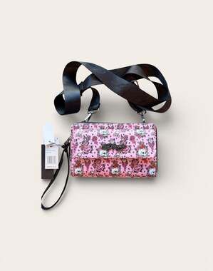 Ed Hardy Pink Tattoo Print Skull and Floral Double Zip Crossbody Wallet Wristlet